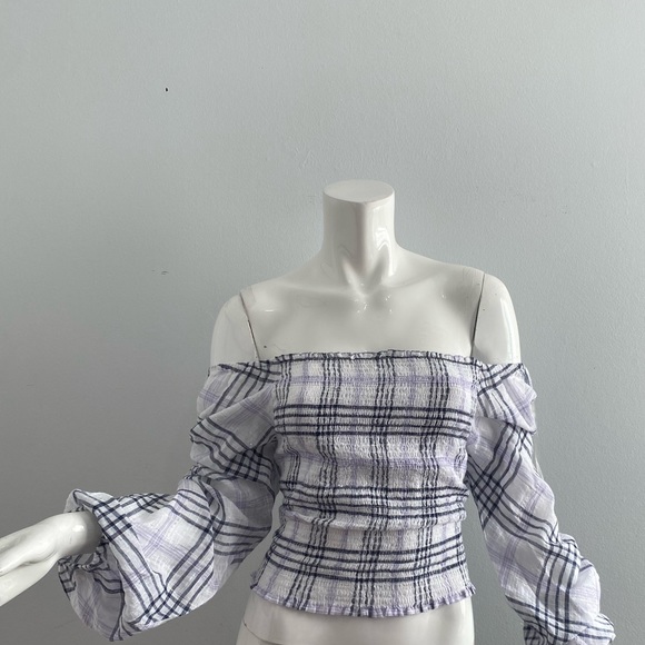 INC Women's Blouse White Size Large M Knit Plaid Metallic Smocked (D) - Picture 3 of 6